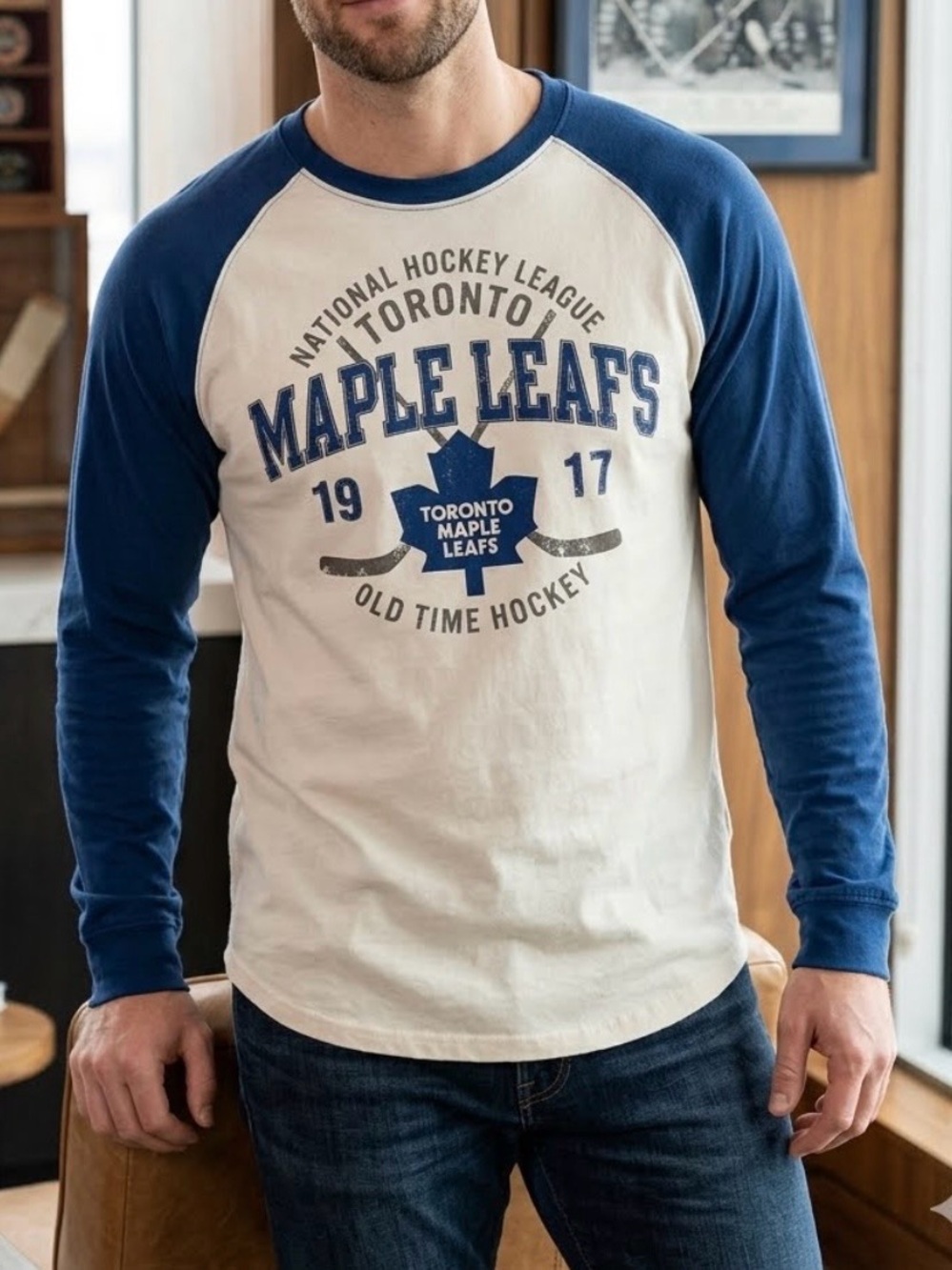 NHL Toronto Maple Leafs Cream and Blue Long Sleeve Raglan vintage Tee 1389
